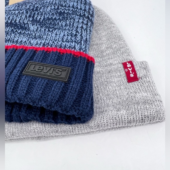 LEVI’S, BEANIE SET,2 WARM BEANIES,NAVY BLUE W/PATTERN & GREY,100%ACRYLIC, UNUSEX - Picture 3 of 16
